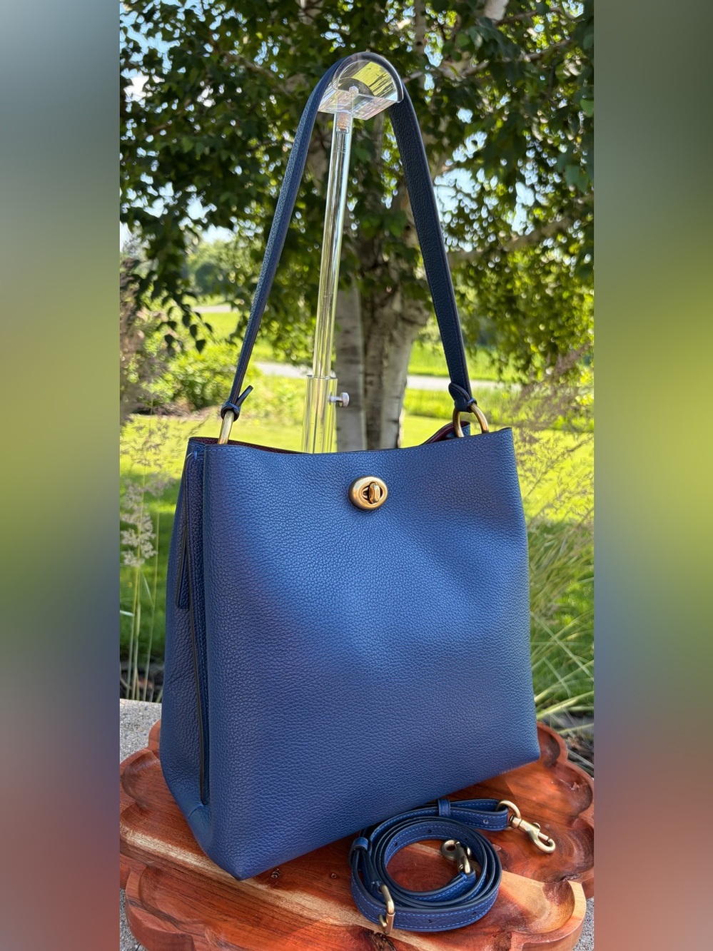 Coach Charlie Bucket Bag Tote Blue Pebble Leather Like New - Picture 15 of 17